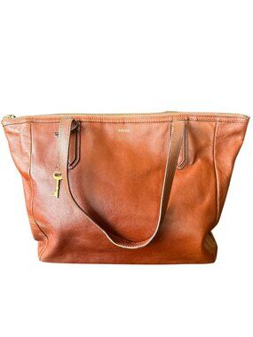 Fossil Sydney Shopper Large Cognac Leather Tote Bag Gold Hardware Key Charm
